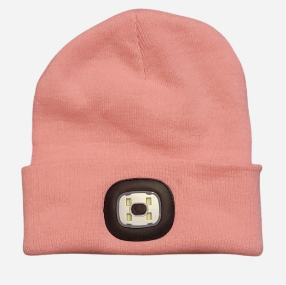 bright pink beanie with built in USB rechargeable LED headlamp